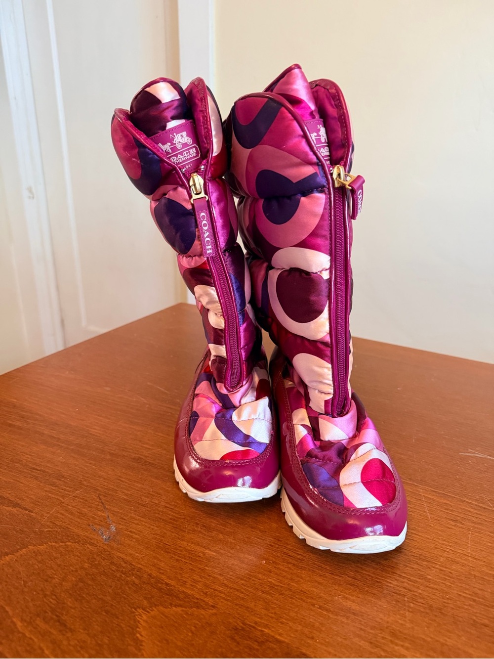 Coach Women’s Size 10B Pink Burgundy Geometric Puffer Boots